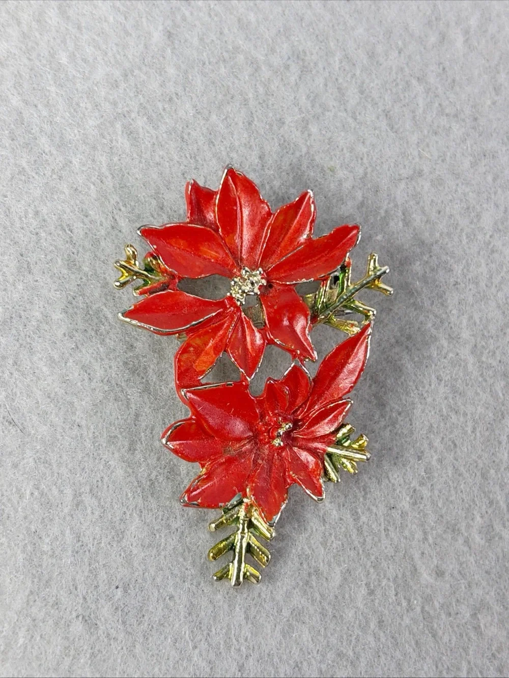 Vintage Christmas Poinsettia Brooch Red Enamel Holiday Festive Winter